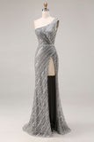 Robe de bal longue de bal argentée argentée à paillettes et sirène à une épaule avec fente