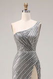Robe de bal longue de bal argentée argentée à paillettes et sirène à une épaule avec fente