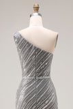 Robe de bal longue de bal argentée argentée à paillettes et sirène à une épaule avec fente