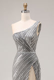 Robe de bal longue de bal argentée argentée à paillettes et sirène à une épaule avec fente