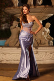 Robe longue de bal sans bretelles à perles en corset sirène-lilas avec fente