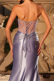Robe longue de bal sans bretelles à perles en corset sirène-lilas avec fente