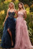 Robe de bal longue robe de promo à bretelles fines en tulle appliqué en ligne A rose avec volants