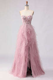 Robe de bal rose sans bretelles à perles à volants et longue robe de bal