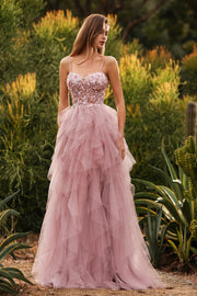 Robe de bal longue robe de promo à bretelles fines en tulle appliqué en ligne A rose avec volants
