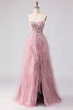 Robe de bal rose sans bretelles à perles à volants et longue robe de bal