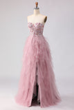 Robe de bal rose sans bretelles à perles à volants et longue robe de bal