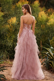 Robe de bal longue robe de promo à bretelles fines en tulle appliqué en ligne A rose avec volants