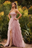 Robe de bal longue robe de promo à bretelles fines en tulle appliqué en ligne A rose avec volants