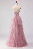 Robe de bal rose sans bretelles à perles à volants et longue robe de bal