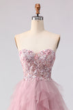 Robe de bal rose sans bretelles à perles à volants et longue robe de bal