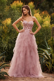 Robe de bal longue robe de promo à bretelles fines en tulle appliqué en ligne A rose avec volants