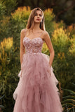 Robe de bal longue robe de promo à bretelles fines en tulle appliqué en ligne A rose avec volants