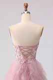 Robe de bal rose sans bretelles à perles à volants et longue robe de bal