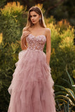 Robe de bal longue robe de promo à bretelles fines en tulle appliqué en ligne A rose avec volants
