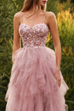Robe de bal longue robe de promo à bretelles fines en tulle appliqué en ligne A rose avec volants