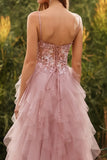 Robe de bal longue robe de promo à bretelles fines en tulle appliqué en ligne A rose avec volants