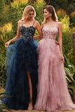 Robe de bal longue robe de promo à bretelles fines en tulle appliqué en ligne A rose avec volants