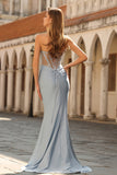 Corset sirène sans bretelles bleu poussiéreux en satin longue robe de bal avec perles