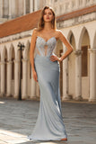 Corset sirène sans bretelles bleu poussiéreux en satin longue robe de bal avec perles