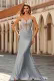 Corset sirène sans bretelles bleu poussiéreux en satin longue robe de bal avec perles