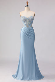 Corset de bal sirène sans anneaux bleu ciel perlé et robe de bal avec paillettes