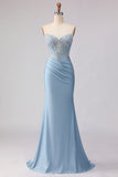 Corset de bal sirène sans anneaux bleu ciel perlé et robe de bal avec paillettes