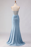 Corset de bal sirène sans anneaux bleu ciel perlé et robe de bal avec paillettes