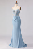 Corset de bal sirène sans anneaux bleu ciel perlé et robe de bal avec paillettes