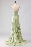 Corset perlé de sirène vert clair à volants, longue robe de bal avec lacet dans le dos