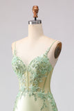 Corset perlé de sirène vert clair à volants, longue robe de bal avec lacet dans le dos