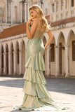 Robe de soirée sirène longue bustier perlé vert clair à volants et dos lacé