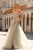 Corset à perles et paillette, robe de bal longue en tulle à perles à perles et pêche avec fente