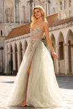 Corset à perles et paillette, robe de bal longue en tulle à perles à perles et pêche avec fente