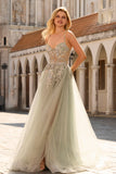 Corset à perles et paillette, robe de bal longue en tulle à perles à perles et pêche avec fente