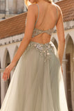 Corset à perles et paillette, robe de bal longue en tulle à perles à perles et pêche avec fente