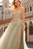 Corset à perles et paillette, robe de bal longue en tulle à perles à perles et pêche avec fente