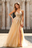 Corset à perles et paillette, robe de bal longue en tulle à perles à perles et pêche avec fente