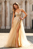 Corset à perles et paillette, robe de bal longue en tulle à perles à perles et pêche avec fente