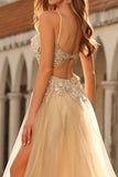 Corset à perles et paillette, robe de bal longue en tulle à perles à perles et pêche avec fente