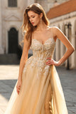 Corset à perles et paillette, robe de bal longue en tulle à perles à perles et pêche avec fente