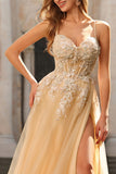 Corset à perles et paillette, robe de bal longue en tulle à perles à perles et pêche avec fente