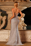 Corset sirène sans bretelles argenté à perles scintillantes, longue robe de bal avec fente
