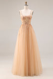 Robe longue de bal en tulle A-Line Pêche scintillante avec lacet dans le dos