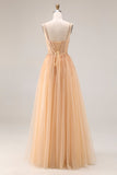 Robe longue de bal en tulle A-Line Pêche scintillante avec lacet dans le dos