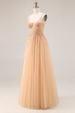 Robe longue de bal en tulle A-Line Pêche scintillante avec lacet dans le dos