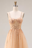 Robe longue de bal en tulle A-Line Pêche scintillante avec lacet dans le dos