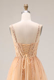 Robe longue de bal en tulle A-Line Pêche scintillante avec lacet dans le dos