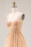 Robe longue de bal en tulle A-Line Pêche scintillante avec lacet dans le dos
