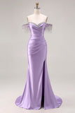 Petite robe de bal longue perlée perlée en satin en satin
